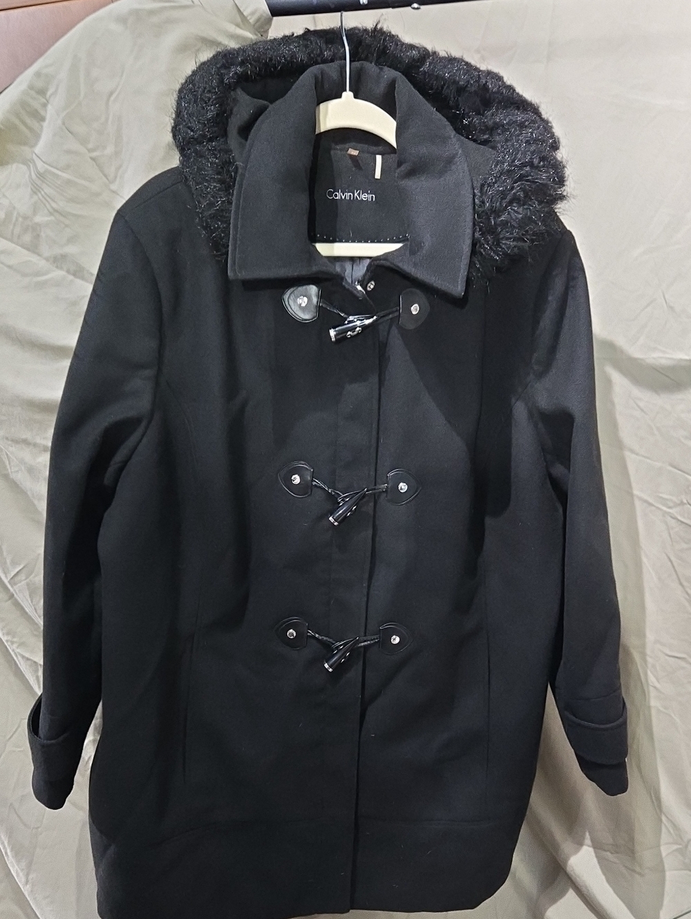 Calvin Klein Black Toggle Pea Coat with Faux Fur Trimmed Removeable Hood